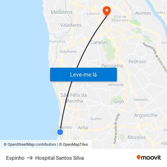 Espinho to Hospital Santos Silva map