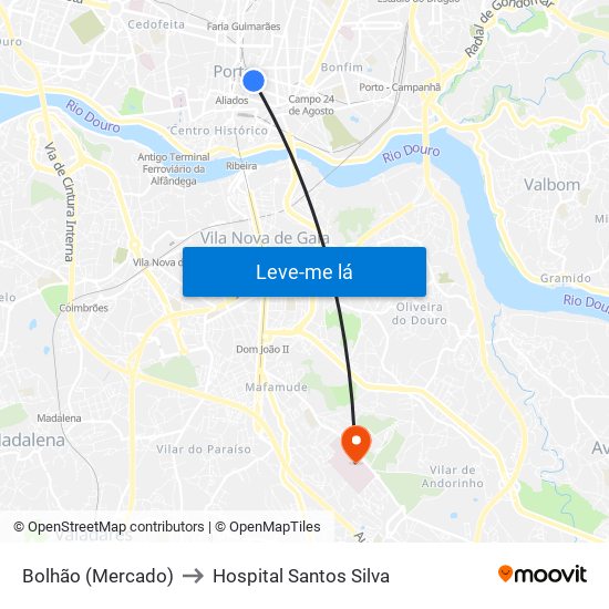 Bolhão (Mercado) to Hospital Santos Silva map