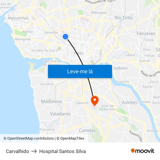 Carvalhido to Hospital Santos Silva map