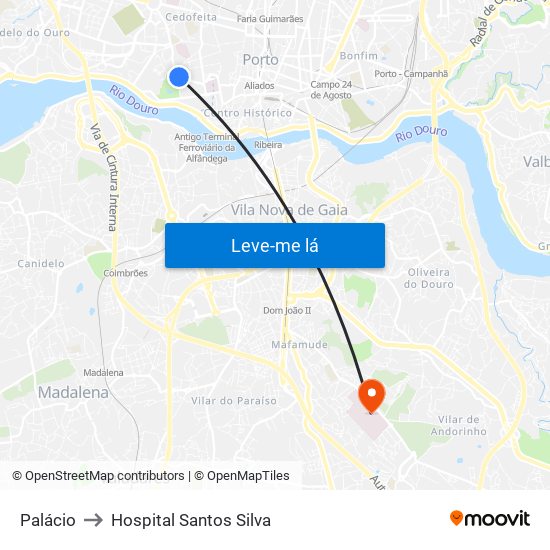 Palácio to Hospital Santos Silva map