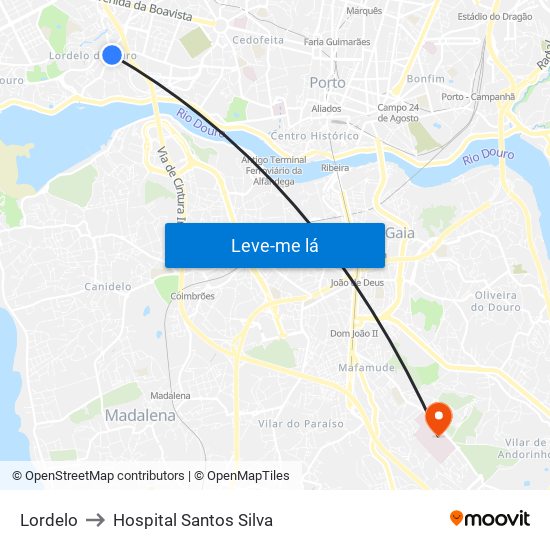 Lordelo to Hospital Santos Silva map