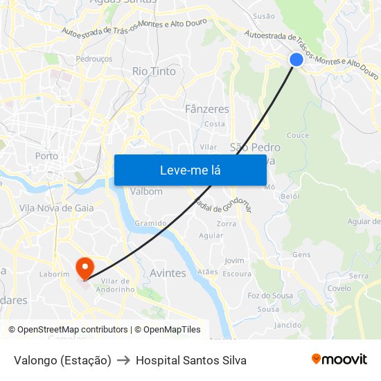 Valongo (Estação) to Hospital Santos Silva map