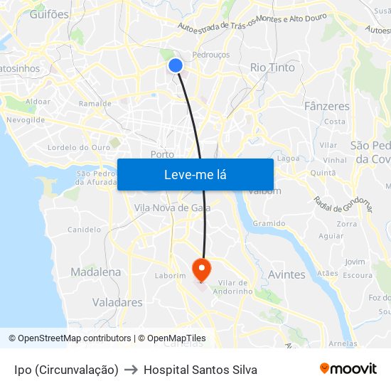 Ipo (Circunvalação) to Hospital Santos Silva map