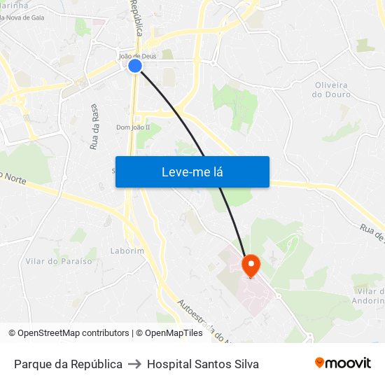 Parque da República to Hospital Santos Silva map