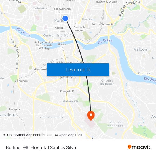 Bolhão to Hospital Santos Silva map