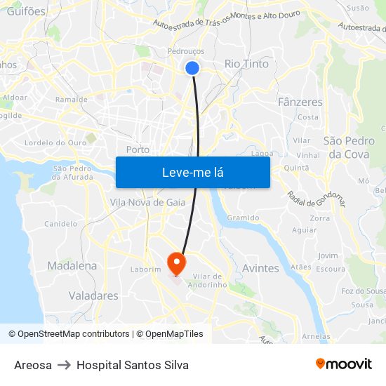 Areosa to Hospital Santos Silva map