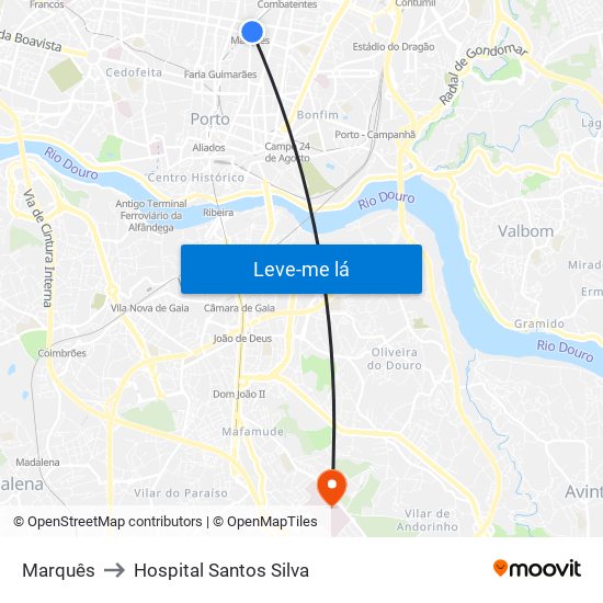 Marquês to Hospital Santos Silva map