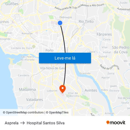 Asprela to Hospital Santos Silva map