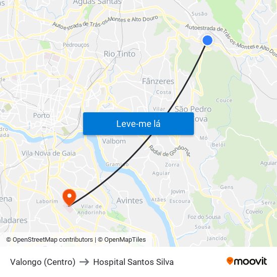 Valongo (Centro) to Hospital Santos Silva map