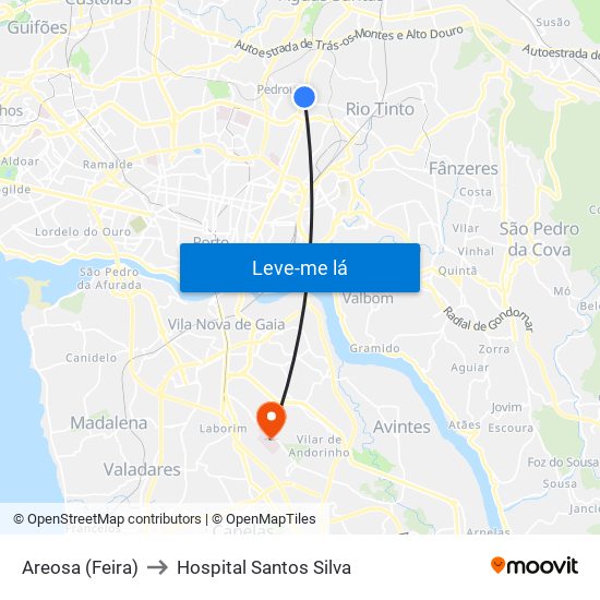 Areosa (Feira) to Hospital Santos Silva map