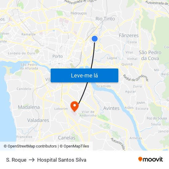 S. Roque to Hospital Santos Silva map