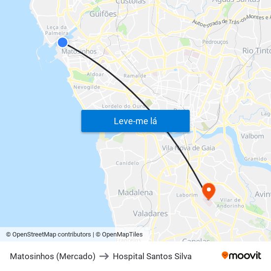 Matosinhos (Mercado) to Hospital Santos Silva map