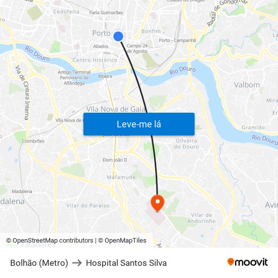 Bolhão (Metro) to Hospital Santos Silva map