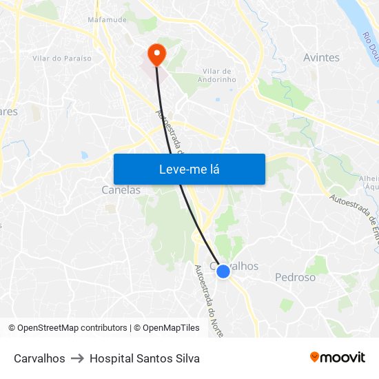 Carvalhos to Hospital Santos Silva map