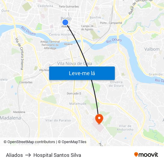 Aliados to Hospital Santos Silva map