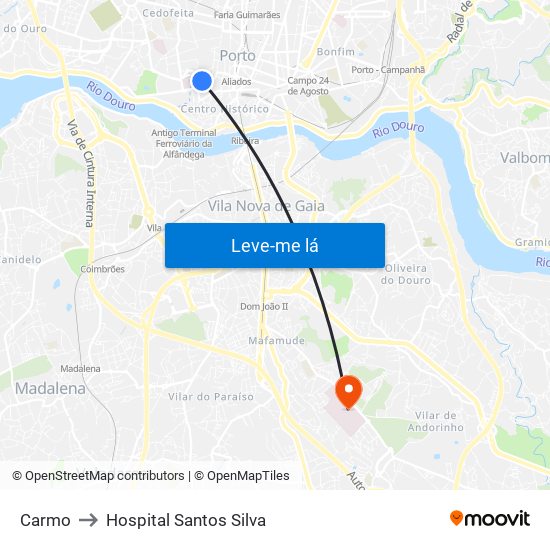Carmo to Hospital Santos Silva map