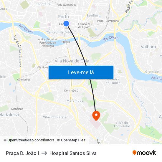 Praça D. João I to Hospital Santos Silva map