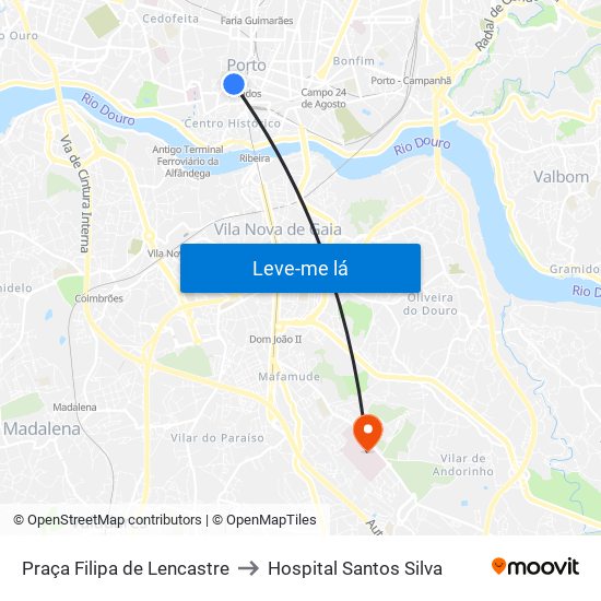 Praça Filipa de Lencastre to Hospital Santos Silva map