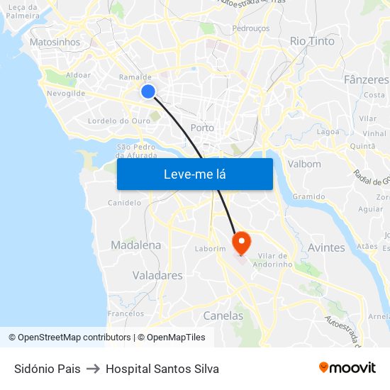 Sidónio Pais to Hospital Santos Silva map