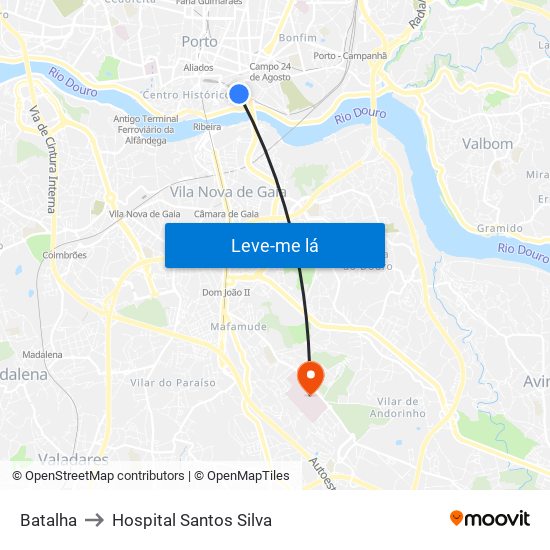 Batalha to Hospital Santos Silva map