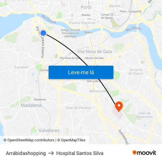 Arrábidashopping to Hospital Santos Silva map