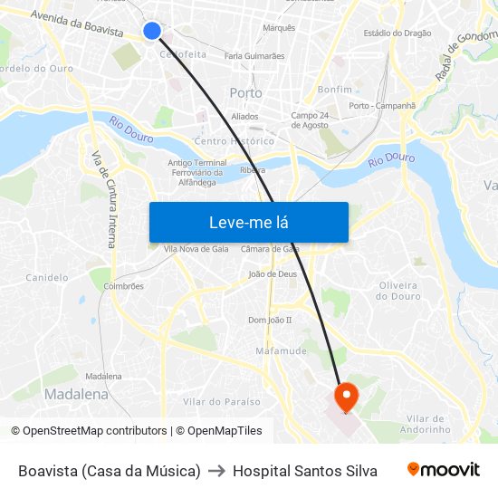 Boavista (Casa da Música) to Hospital Santos Silva map