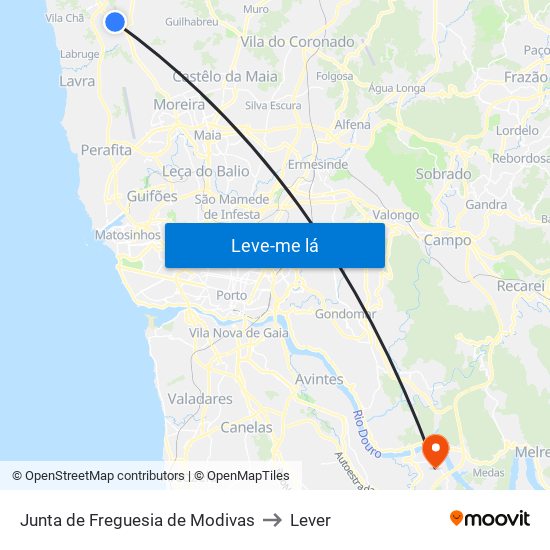 Junta de Freguesia de Modivas to Lever map