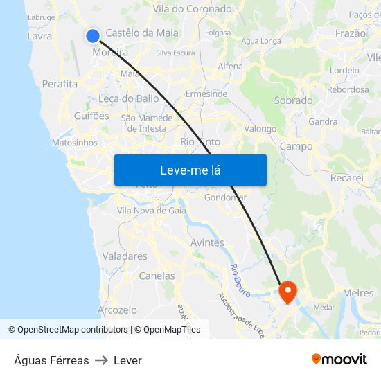 Águas Férreas to Lever map
