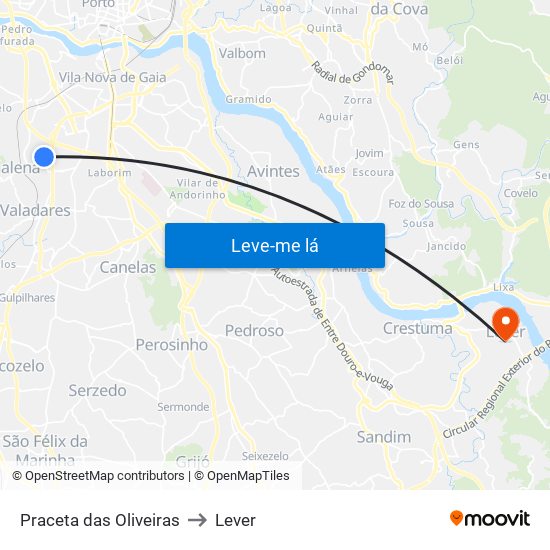 Praceta das Oliveiras to Lever map