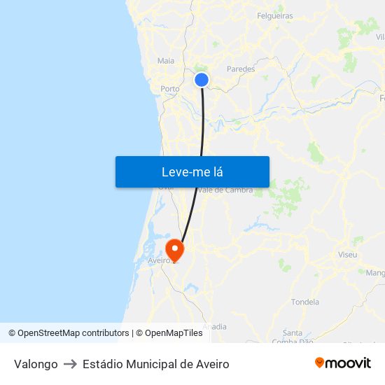 Valongo to Estádio Municipal de Aveiro map