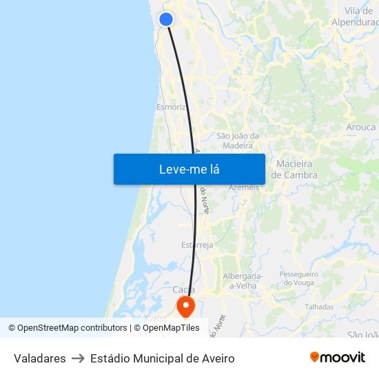 Valadares to Estádio Municipal de Aveiro map