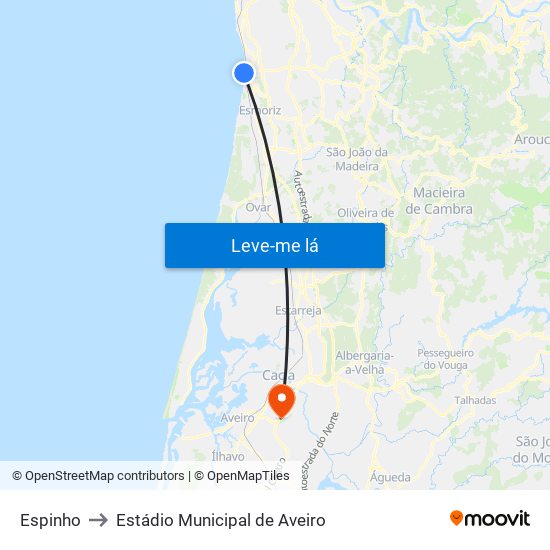 Espinho to Estádio Municipal de Aveiro map
