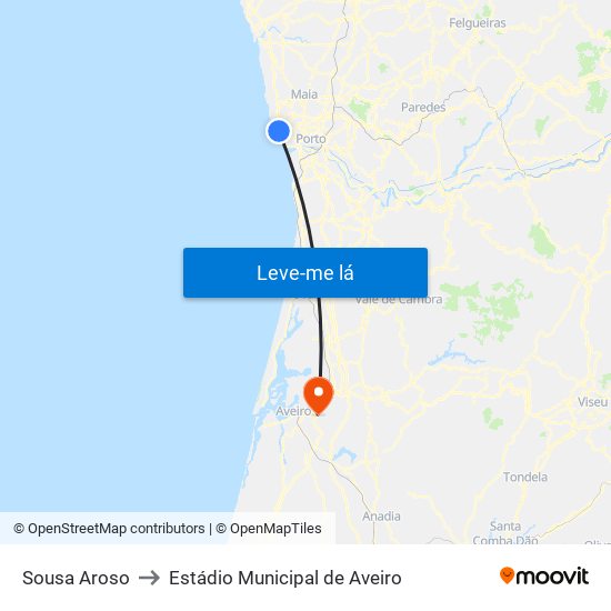 Sousa Aroso to Estádio Municipal de Aveiro map