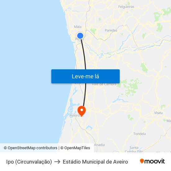 Ipo (Circunvalação) to Estádio Municipal de Aveiro map