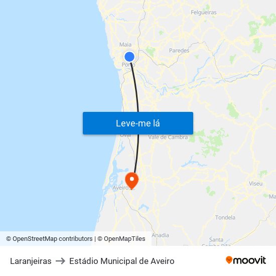 Laranjeiras to Estádio Municipal de Aveiro map
