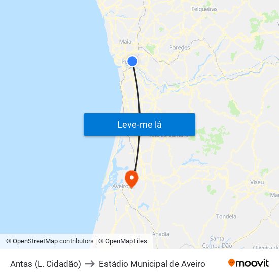 Antas (L. Cidadão) to Estádio Municipal de Aveiro map