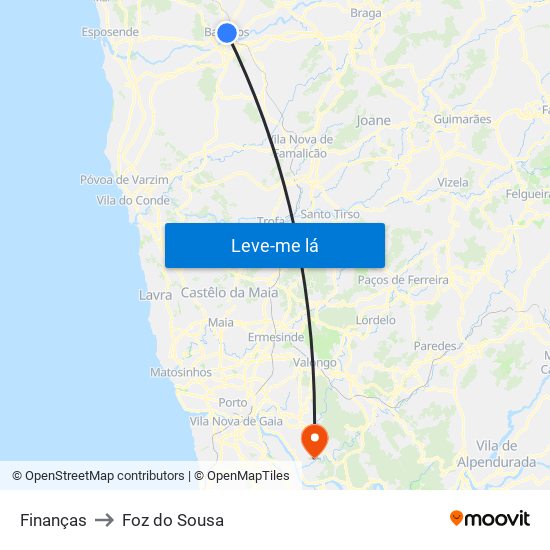 Finanças to Foz do Sousa map