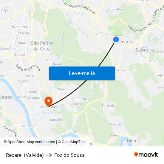 Recarei (Valvide) to Foz do Sousa map