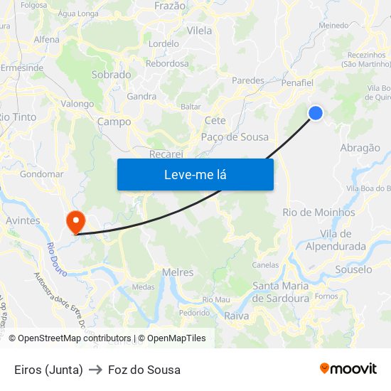 Eiros (Junta) to Foz do Sousa map