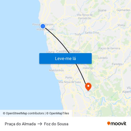 Praça do Almada to Foz do Sousa map