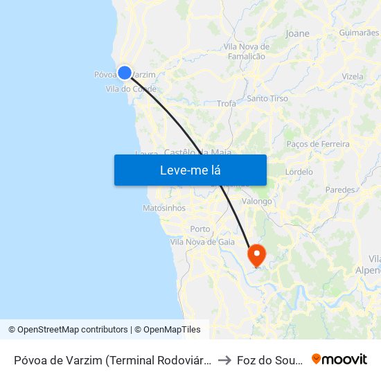 Póvoa de Varzim (Terminal Rodoviário) to Foz do Sousa map