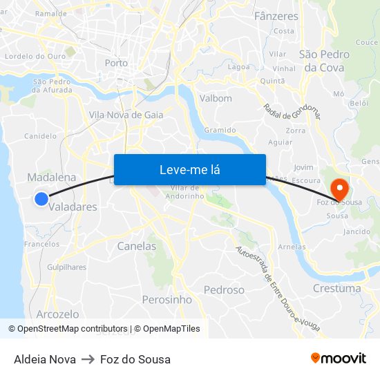 Aldeia Nova to Foz do Sousa map