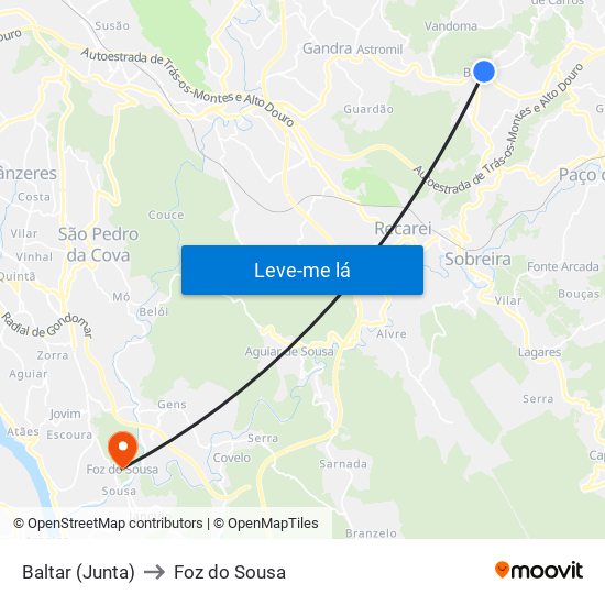 Baltar (Junta) to Foz do Sousa map