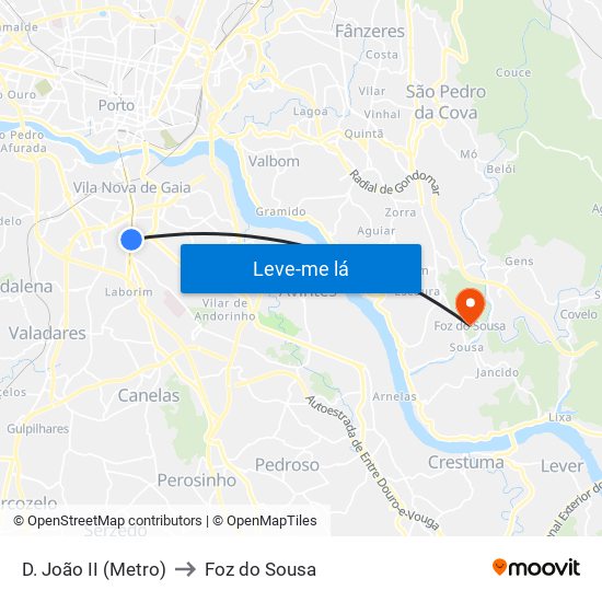 D. João II (Metro) to Foz do Sousa map