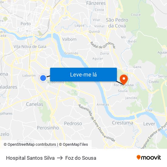 Hospital Santos Silva to Foz do Sousa map