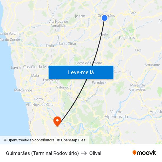 Guimarães (Terminal Rodoviário) to Olival map