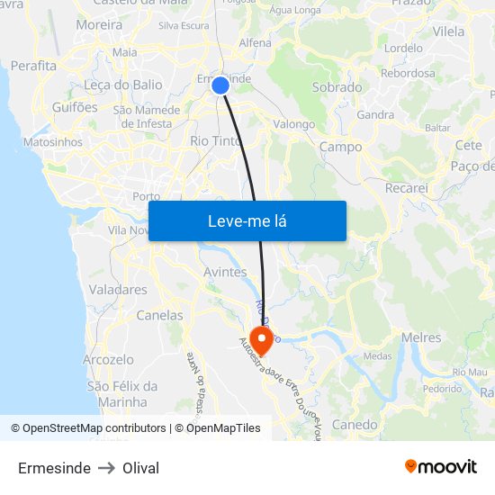 Ermesinde to Olival map