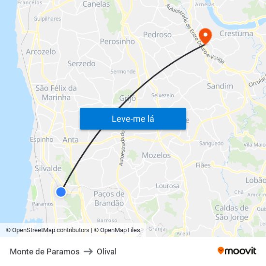 Monte de Paramos to Olival map