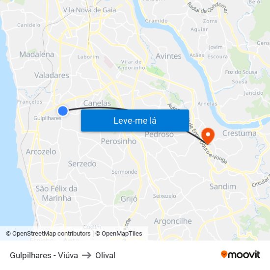 Gulpilhares - Viúva to Olival map