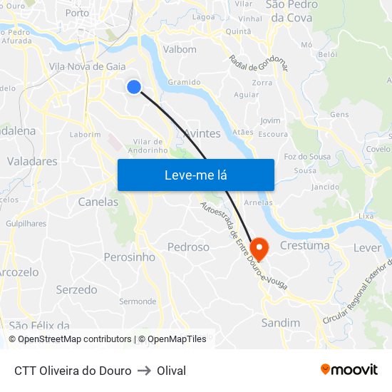 CTT Oliveira do Douro to Olival map